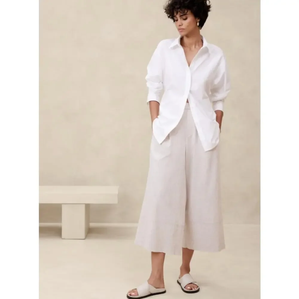 NEW Banana Republic Wide-Leg Linen-Blend Cropped Pull-On Pant Large Beige Flax